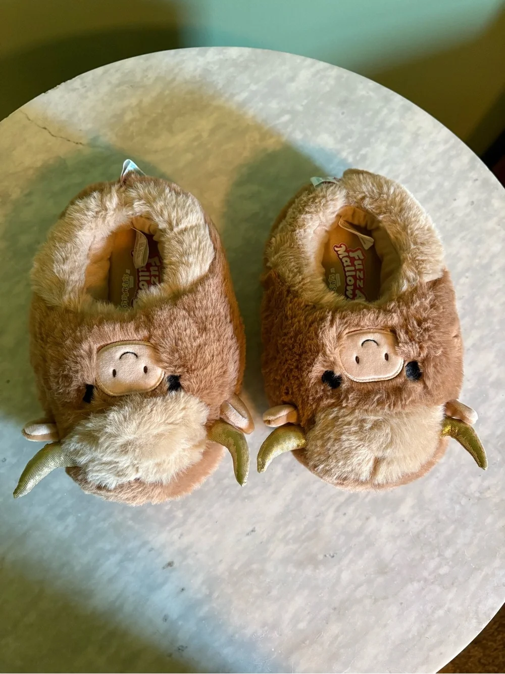 Squishmallows NWOT Brown/Tan Bull Slippers with Gold Horns